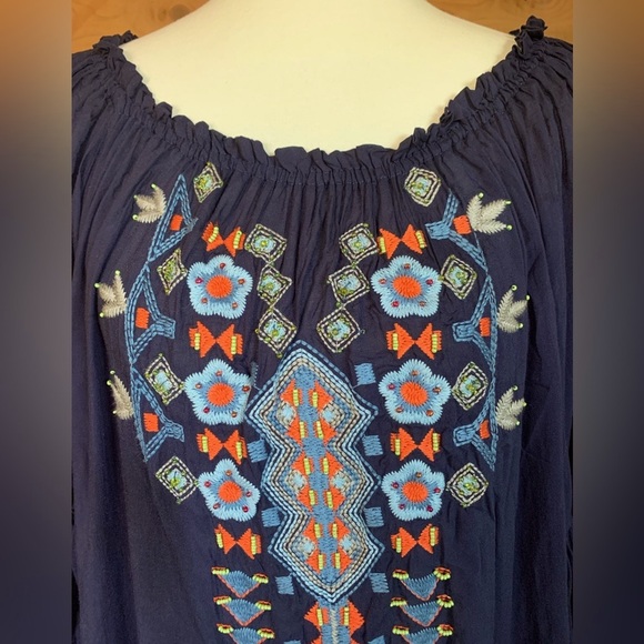 Urban Mangoz Embroidered Navy Beaded Boho Ruffled Blouse Size M - Picture 3 of 5